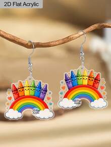 1 par de pendientes colgantes de acrílico con forma de nube, corazón y crayón arcoíris lindos para mujeres, pendientes de dibujos animados para volver a la escuela, regalo de agradecimiento para maestros, regalo para maestros - Multicolor - Ver 7