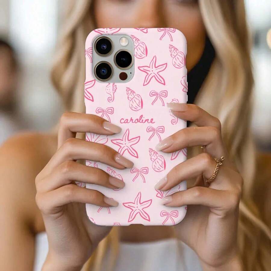 Personalized Beach Phone Case Custom Pink Seashells & Bows Pixel Case Cute Summer Seashell Doodle Design Beach Vibes Gift - 白色 - 查看 1