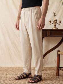 glestore Men's Retro Casual Solid Color Straight Leg Pants, Elastic Waistband Design, All Season Versatile Essential - Khaki - View 3