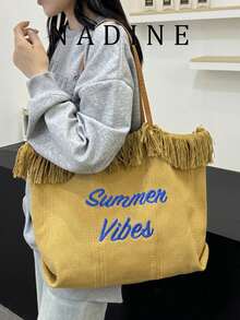 Large Capacity Canvas Tote Bag With Embroidered Letter Handbag For Women, Beach Vacation Bag - Khaki - View 1