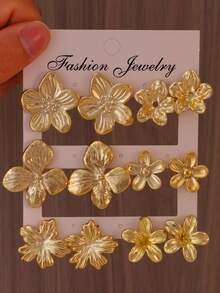 1/6 Pairs Women's Fashion Gold Flower Design Vintage Premium Stud Earrings Set, Suitable For Daily Wear, Travel, Vacation, Best Gift For Family And Friends - Gold - View 5