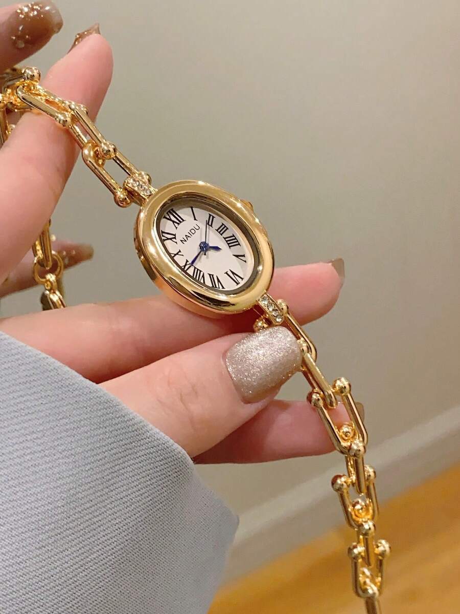 1件金色橢圓形女款石英手錶,優雅時尚,適合日常佩戴、生日與畢業禮物、休閒聚會及宴會 - 金色 - 查看 1