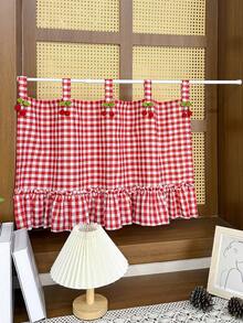 1PC Cute Korean-Style Red Cherry-Two-Color Checkered Patterned Short Curtains,Skirt Small Curtains For Door,Window,Kitchen Cabinet, Oven Partition,Home Drape Decor - Red - View 2