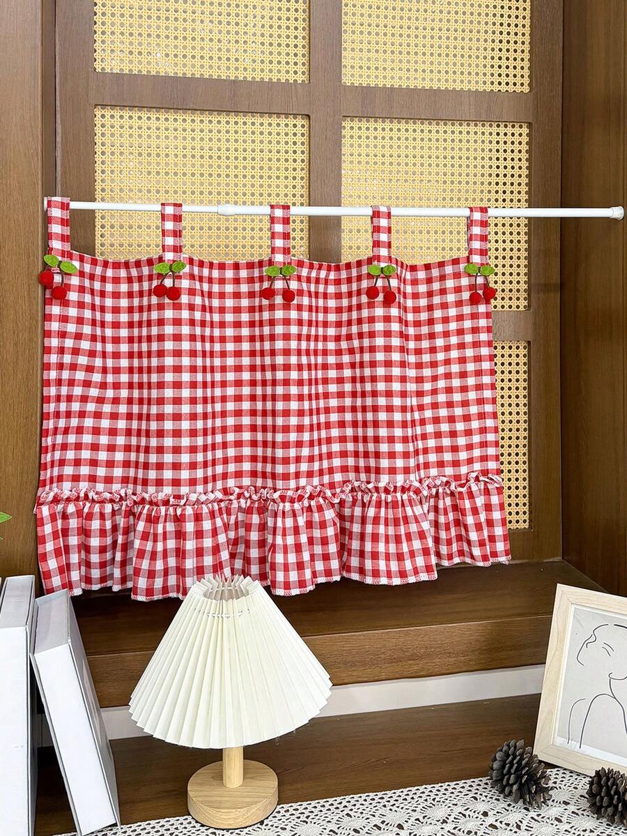 1PC Cute Korean-Style Red Cherry-Two-Color Checkered Patterned Short Curtains,Skirt Small Curtains For Door,Window,Kitchen Cabinet, Oven Partition,Home Drape Decor