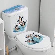 1pc 30*60cm Ocean Style Penguin Playing In Water Toilet Sticker, Waterproof Removable Bathroom Decor Sticker - Multicolor - View 2