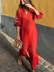 New Elegant V-Neck Lantern Sleeve Loose Dress With Embroidery, Suitable For Beach, Vacation, Home, Formal Events, Back To School, Party Red - Red - View 1