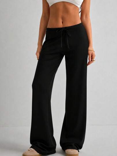 Women's Casual Black Wide Leg Fabric Pants With Drawstring Detail Long Medium Stretch