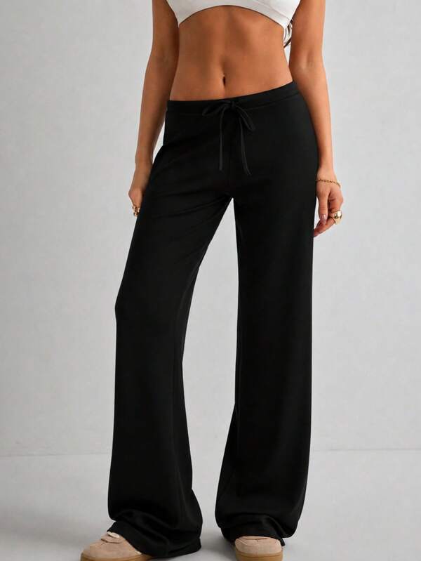 Damen Lässig schwarze Schlupfhose mit weitem Bein, Stoffhose mit Tunnelzug, mittellang, dehnbar