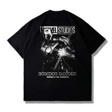 Disney 2026 New Summer Studios  Tony Stark Portrait-Shirt Men Vintage Black Cotton Short Sleeve Casual Tee - 3 - 查看 9