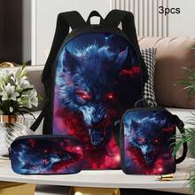Questo set da tre pezzi include una collezione di zaini con stampa di lupo nebulosa, composta da uno zaino spazioso, una borsa a spalla e un astuccio. Realizzato in poliestere. - nero - Visualizzare 2