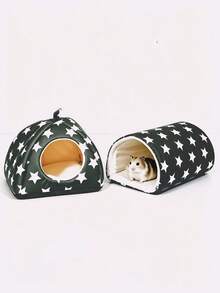 2 piezas Cama para hámster con patrón de estrellas negras, túnel para cobaya, escondite para conejo, nido cálido lavable para mascotas pequeñas con túnel para cobaya, set de accesorios para jaula de escondite para conejo, adecuado para hámsters, hurones, conejos - Negro - Ver 12