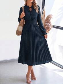 PRETTYGARDEN Women's Spring Fall Midi Dress Casual Long Sleeve V Neck Swiss Dot Pleated A Line Flowy Dresses New Years Party Valentine Vacation Dresses For Women - 藏蓝色 - 查看 1