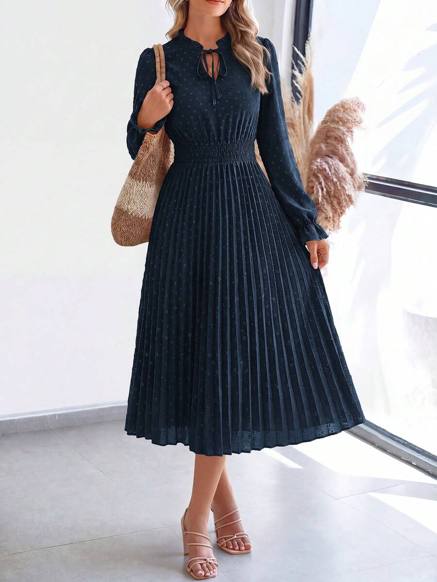 PRETTYGARDEN Women's Spring Fall Midi Dress Casual Long Sleeve V Neck Swiss Dot Pleated A Line Flowy Dresses New Years Party Valentine Vacation Dresses For Women - 藏蓝色 - 查看 1