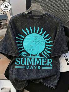 ZZG Es Trus 棉質夏季女款「SUMMER DAYS」圖案印花街頭 Y2K 風格黑色短袖大尺碼水洗 T-shirt 上衣 度假款 - 黑色 - 查看 3