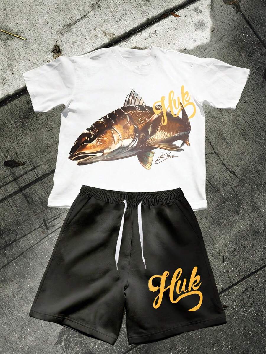 Men's Saltwater Fishing HUK Realistic Redfish Script Letter Graphic Print Short Sleeve T-Shirt & Elastic Waist Casual Shorts Set Angler Outfit - 白色 - 查看 1