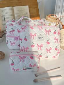 1 pieza/Set Bolsa de cosméticos acolchada con estampado lindo de cereza & lazo, almacenamiento para artículos de tocador, bolsa multiusos para maquillaje & artículos sanitarios para niñas, uso de viaje & diario - Multicolor - Ver 4