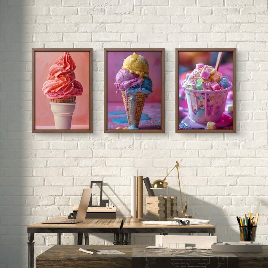 3 pièces/3 Pièces Art Mural Glace Colorée, Œuvre sur canevas Dessert Rose Pastel Doux, Peinture Thème Bonbon Esthétique Moderne, Décoration Murale Gourmandise d'Été Mignonne pour Chambre de Fille Cuisine Café - A - Voir 1