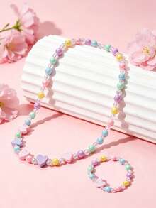2pcs/Set Girls Heart-Shaped Beaded Necklace And Bracelet, Cute Jewelry Accessories, Suitable For Daily Wear, Holiday Parties, Birthday Gifts - one-size - View 1