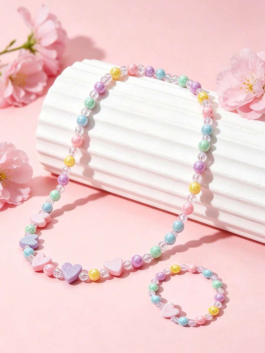 2pcs/Set Girls Heart-Shaped Beaded Necklace And Bracelet, Cute Jewelry Accessories, Suitable For Daily Wear, Holiday Parties, Birthday Gifts - one-size - View 1
