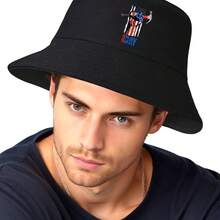Labor Day Bucket Hat - American Flag & Hammer Graphic - Black With Red/Blue Accents - Non-Stretch Fabric - Machine Washable - For Construction, Manufa - 黑色 - 查看 8