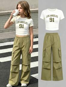 2pcs/Set Casual & Fashionable Teen Girl Letter Print Round Neck Short Sleeve Top And Wide Leg Sweatpants Set - Multicolor - View 1