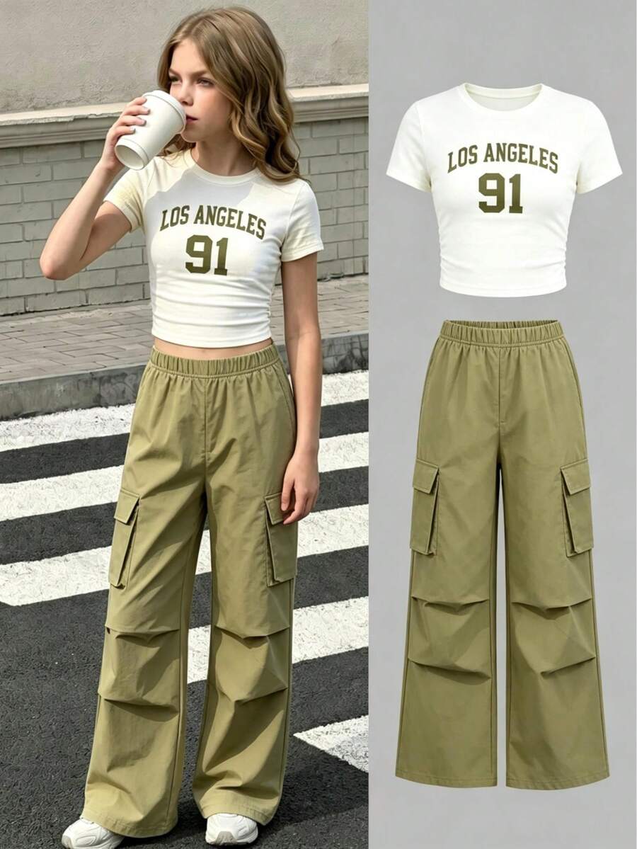 2pcs/Set Casual & Fashionable Teen Girl Letter Print Round Neck Short Sleeve Top And Wide Leg Sweatpants Set - Multicolor - View 1