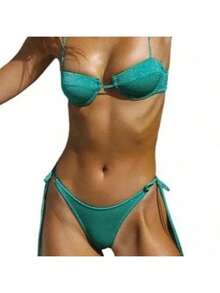 Women's Glossy String Bikini Set Soild Swimsuit Women's Fashion Bikini Green Halter Sport Swimsuit Beach Vacation Low Cut Shiny - 綠+粉 - 查看 3