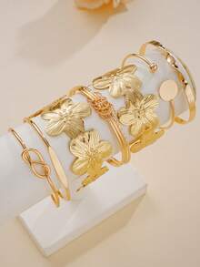 7pcs Fashion Vintage Elegant Old Money Style Floral Design Metallic Wide Cuff Adjustable Open Bangle Bracelet Set, Stackable Jewelry For Women, Suitable For Summer Beach, Vacation, Party, Music Festival, Date, Gift, Daily Commute - Yellow Gold - View 3