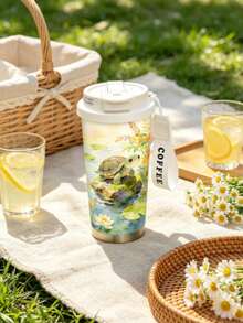 1个/5个 500毫升 水彩龟荷塘印花保温咖啡杯，带翻盖和“COFFEE”提手，304不锈钢防漏旅行杯，冷热饮皆宜，完美的爬行动物爱好者礼物。 - 多色-小烏龜 - 查看 3