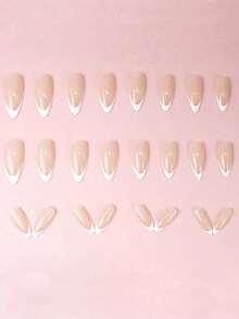 Minimalist Style 24pcs Short Almond Shape White Edge French Press-On Fake Nails Nail Tips Nail Stickers Manicure Set Suitable For Daily Wear, Dates, Afternoon Tea, Outings - Multicolor - View 3
