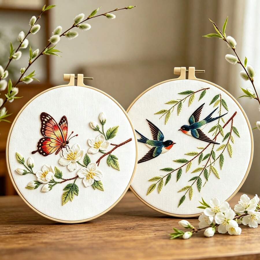 Mori Style Natural Floral & Bird Embroidery Spring Swallow Butterfly Flower Beginner DIY Handmade Embroidery Kit Versatile For Living Room & Entryway