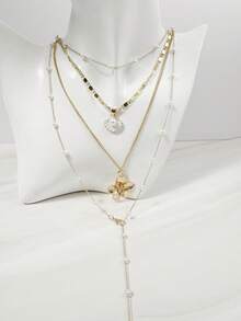 4pcs/Set Bohemian Style Metal Zinc Alloy Resin Faux Pearl Flower Pendant Necklace Set, Suitable For Women's Daily Wear, Niche Gift - 32824-nek-g-eP - View 6