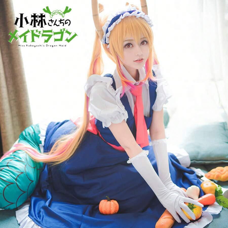 Kobayashi's Dragon Maid Cosplay Costume, Maid Outfit With Tail, Horns And Headdress, In Stock. - 托爾尾巴 - 查看 1