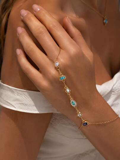 1 pieza Pulsera de dedo elegante para mujer de aleación, diseño de gota de agua colorida geométrica de acrílico con cadena de aleación, adecuada para vacaciones en la playa, fiesta, banquete, baile y como regalo para amigos, familia y parejas