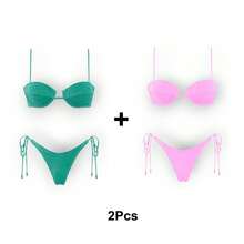 Women's Glossy String Bikini Set Soild Swimsuit Women's Fashion Bikini Green Halter Sport Swimsuit Beach Vacation Low Cut Shiny - 綠+粉 - 查看 1
