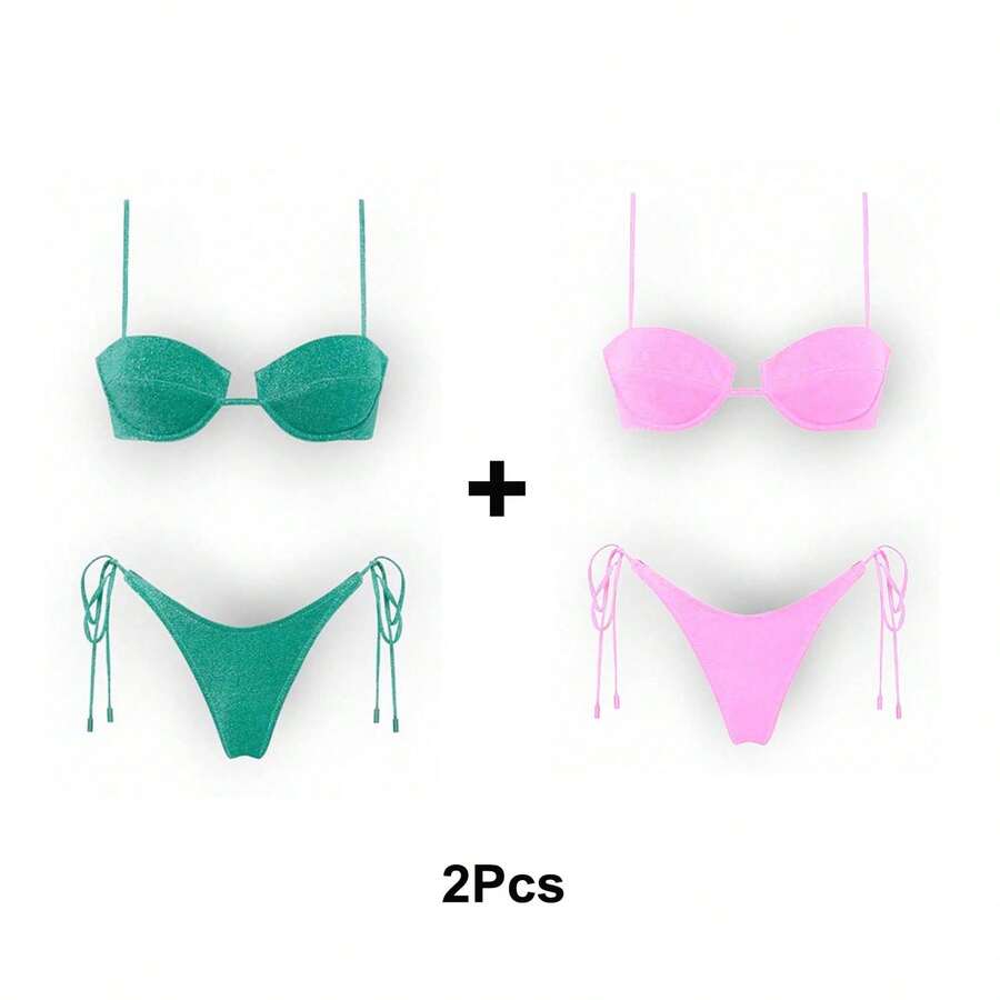 Women's Glossy String Bikini Set Soild Swimsuit Women's Fashion Bikini Green Halter Sport Swimsuit Beach Vacation Low Cut Shiny - 綠+粉 - 查看 1