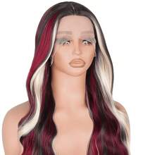 Red, Brown, Gold, Black Skunk Striped Highlights, Burgundy Gradient, 13x4 High-Density Body Wave HD Lace Front-Top Wig, Pre-Trimmed Hairline. - Red, Brown, Gold, and Black Skunk Stripes Highlighted - View 9