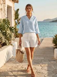 Women's Summer Autumn Elegant Vintage Artistic Casual 100% Cotton Solid Color Non-Positioned Embroidery Cotton Linen Loose Fit Daily Commute Blouse, Holiday Vacation Outing Versatile Cotton Embroidered Elegant Shirt, Commute Business Casual Office Tea Party Versatile Embroidered Blouse - Blue - View 6