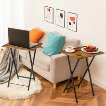 2 Set Folding Side Tables Industrial Metal Frame Rustic Brown TV Tray Table For Eating Laptop Coffee Sofa End Table Small Space Living Room - 鄉村棕色+黑色 - 查看 10