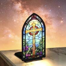 Christian Gothic Vintage 2D Acrylic Tabletop Ornament,Pointed Cathedral Arch Frame,Faux Stained Glass Golden Cross Purple Floral Sky Art Desk Decor,Bookshelf Display Gift For Catholic Believers & Faith Home Decor Lovers - 1PC - View 2
