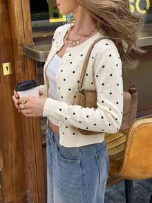 Mori Women's Beige Polka Dot Print Cardigan Knit Short Sweater Jacket, Y2K Style, Button Front, Round Neck, Casual Outfit Vacation Fall - Off White - View 2