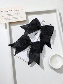 2pcs Dark Glittery Tulle Satin Bow Hair Clips, Sweet Cool Girl Side Alligator Hair Clips, Atmospheric Hair Accessory - Black - View 3