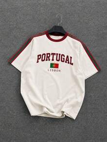 Fractyr 男款葡萄牙里斯本國旗印花拼色 T-shirt，米色圓領短袖紅綠對比條紋休閒上衣 - 杏色 - 查看 6