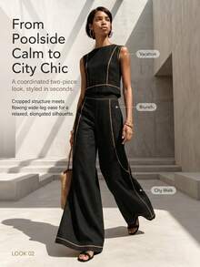 Women's Modest Boho Two-Piece Outfit Sleeveless Round Neck Cropped Blouse  Long Wide Leg Pants With Contrast Piping In Woven Fabric For Spring Outings - Black - View 6