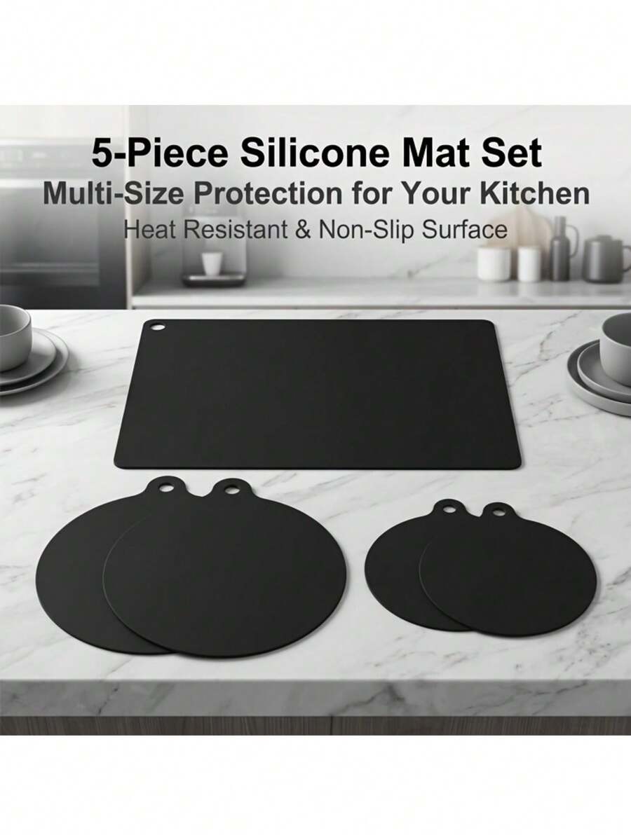 5pcs/Set Induction Cooktop Protective Mats, Heat-Resistant Silicone Stove Covers, Wear-Resistant Non-Slip Countertop Pads, Suitable For Kitchen Cooking And Baking - Multicolor - View 1