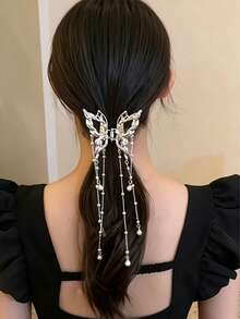 Fashion Butterfly Tassel Hair Clip, Hollow Butterfly Tassel Claw Clip Half-Up Hair Hair Claw, Elegant Faux Pearl Design - Chic Alloy Bow Hair Accessory, Suitable For Daily And Party Wear, Also A Great Gift Choice - Multicolor - View 3