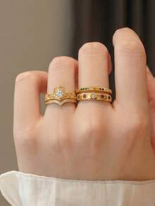 4 piezas de anillos de mujer de estilo de moda con patrón de corona, estrella y luna, de material de cobre multicolor, adecuados como accesorios para atuendos diarios - Multicolor - Ver 3