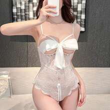 Lace Crotchless Bodysuits, Sexy Lingerie Set With Bow Satin Ribbon - White - View 4