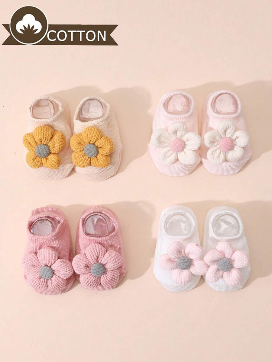4雙女嬰短襪 3D花朵設計，柔軟棉質防滑船型地板襪，適合0-12個月新生兒