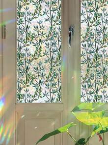 1 Roll Fresh Green Branch & Leaf Glass Film 44.5cm(17.5in) Wide, Rainbow Refraction Under Sunlight, Static Cling Glue-Free Privacy Window Sticker, UV Protection & Anti-Peeping, Removable Without Residue, Free Installation Tools, Suitable For Home, Office, School, Dorm - Spring Dawn - View 3